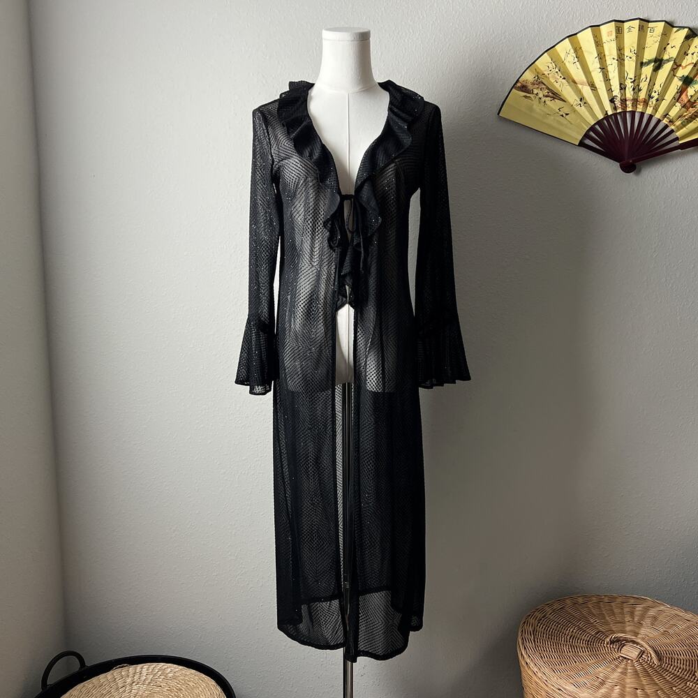 vintage sheer black sparkly fairy goth grunge ruffle tie front duster cardigan